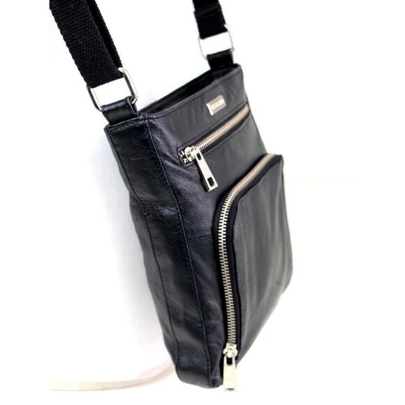 ESTALON BLACK GENUINE LEATHER ZIP TOP CROSSBODY MESSENDGER SHOULDER BAG PURSE - Picture 3 of 15